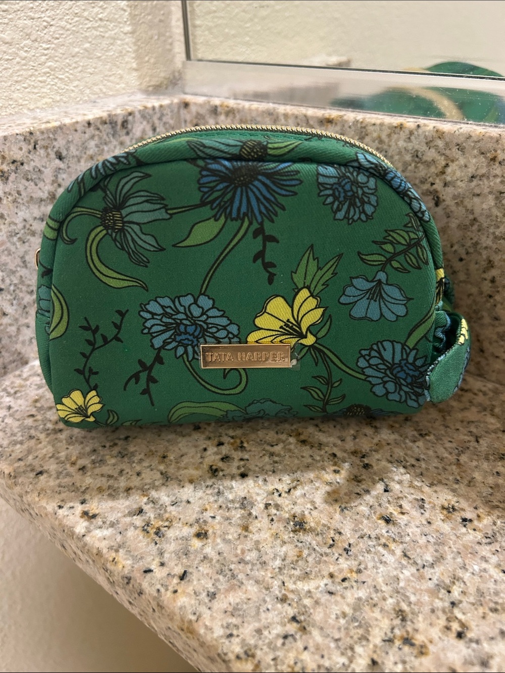 Tata Harper💐Small Luxury Green Floral Cosmetic Pouch W/Gold Zipper+Charm